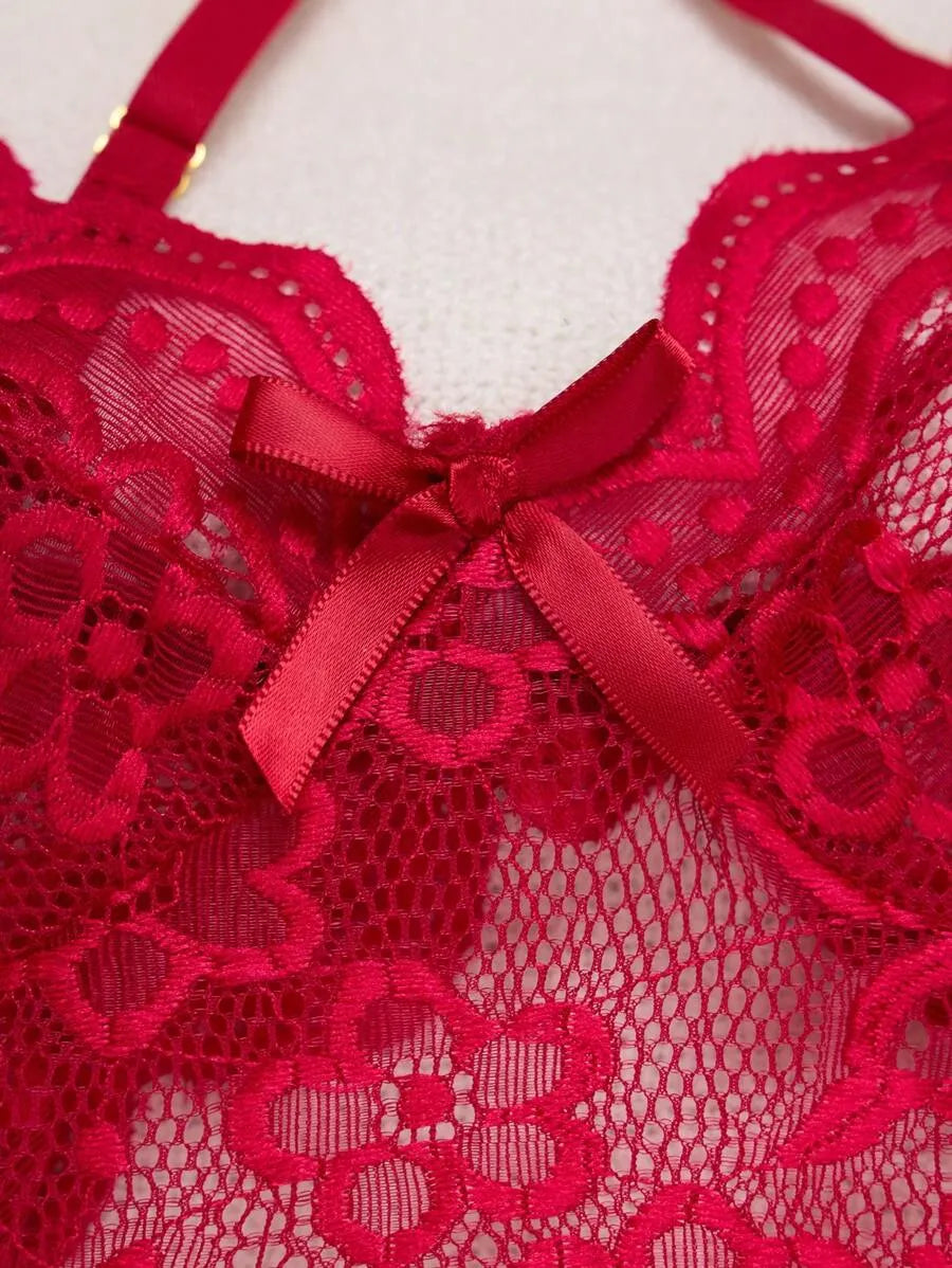 Sexy Lace Bodysuit with Open Crotch – Women’s One-Piece Sheer Lingerie
