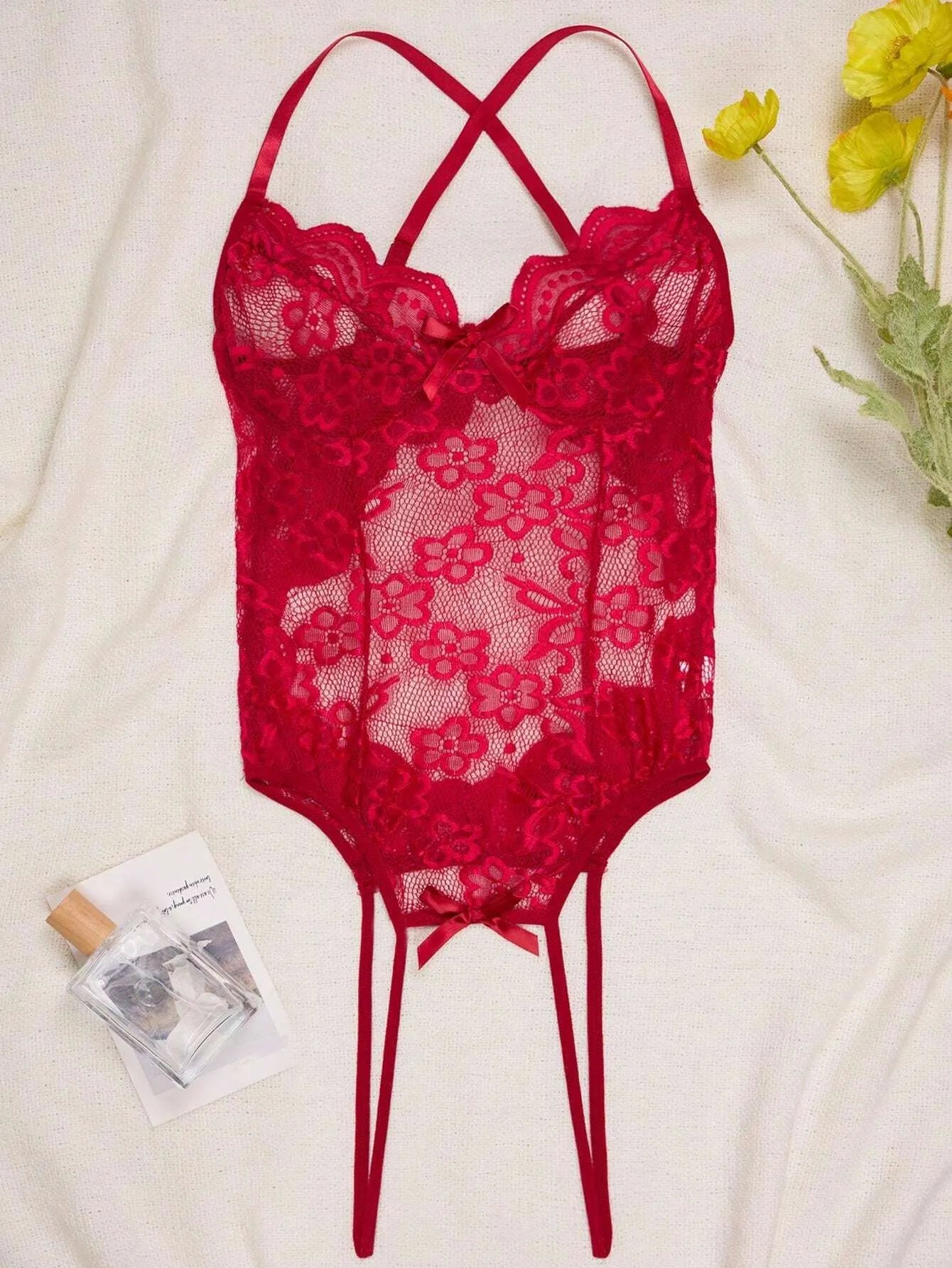 Sexy Lace Bodysuit with Open Crotch – Women’s One-Piece Sheer Lingerie