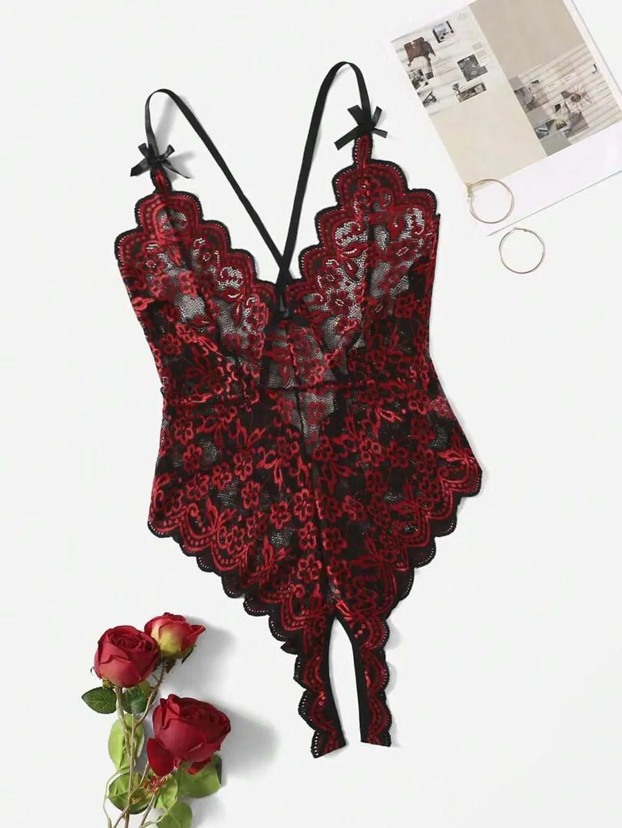 Classic Lace Contrast Bow Hollow Out Criss-Cross Backless Teddy Jumpsuit – Open Crotch Sexy Bodysuit