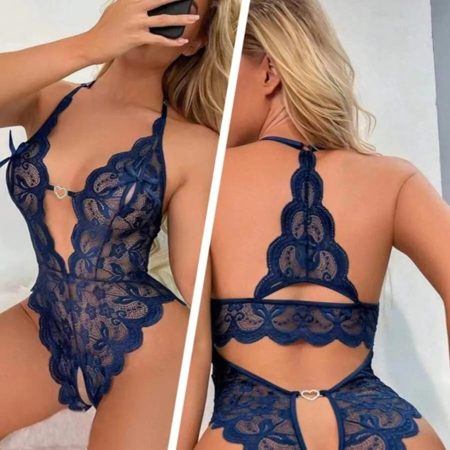 Sexy Blue Deep V Lace Bodysuit – Breathable Comfortable Lingerie for Couples