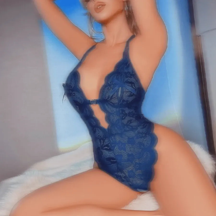 Sexy Blue Deep V Lace Bodysuit – Breathable Comfortable Lingerie for Couples