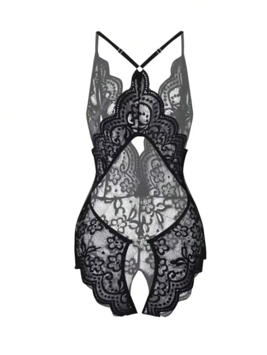 Sexy Backless Bow Lace Teddy Bodysuit – Crotchless Lingerie with Open Cup, Christmas Party Style