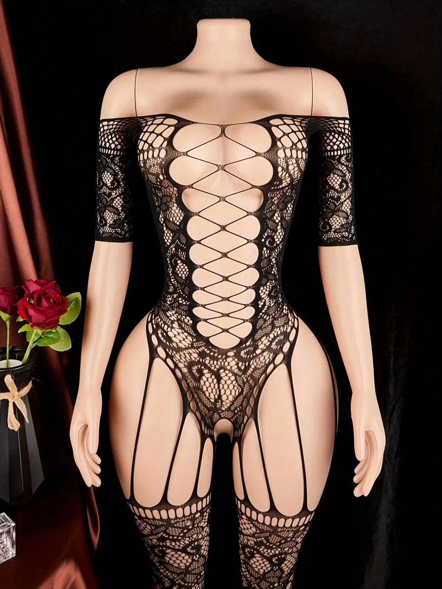 Sexy Fishnet Pajamas Jumpsuit with Jacquard Hollow Mesh – Romantic Lingerie Set for Valentine's Day