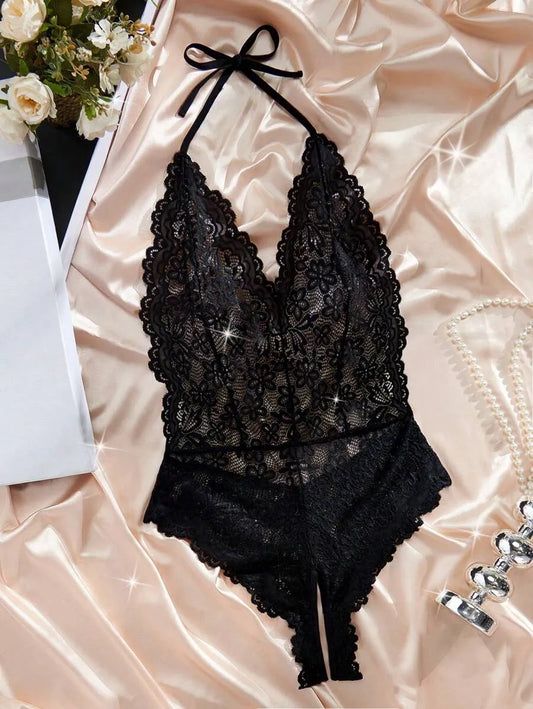 Classic Sexy Women's Halter Neck Lace Bodysuit – Elegant Sheer Lingerie One-Piece