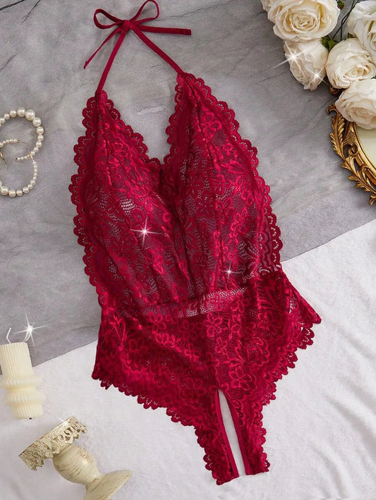 Classic Sexy Women's Lace Backless Halter Bodysuit – Elegant One-Piece Lingerie