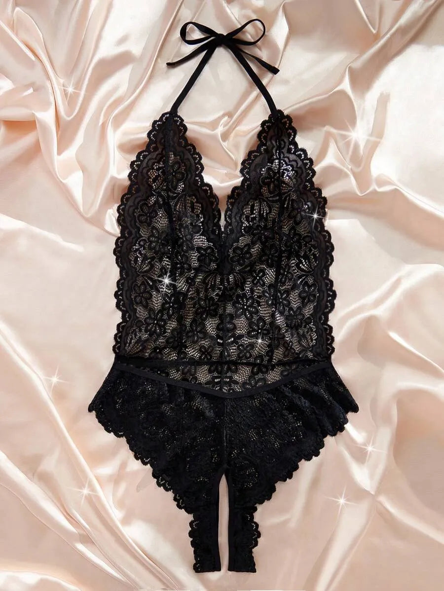 Classic Sexy Women's Lace Backless Halter Bodysuit – Elegant One-Piece Lingerie