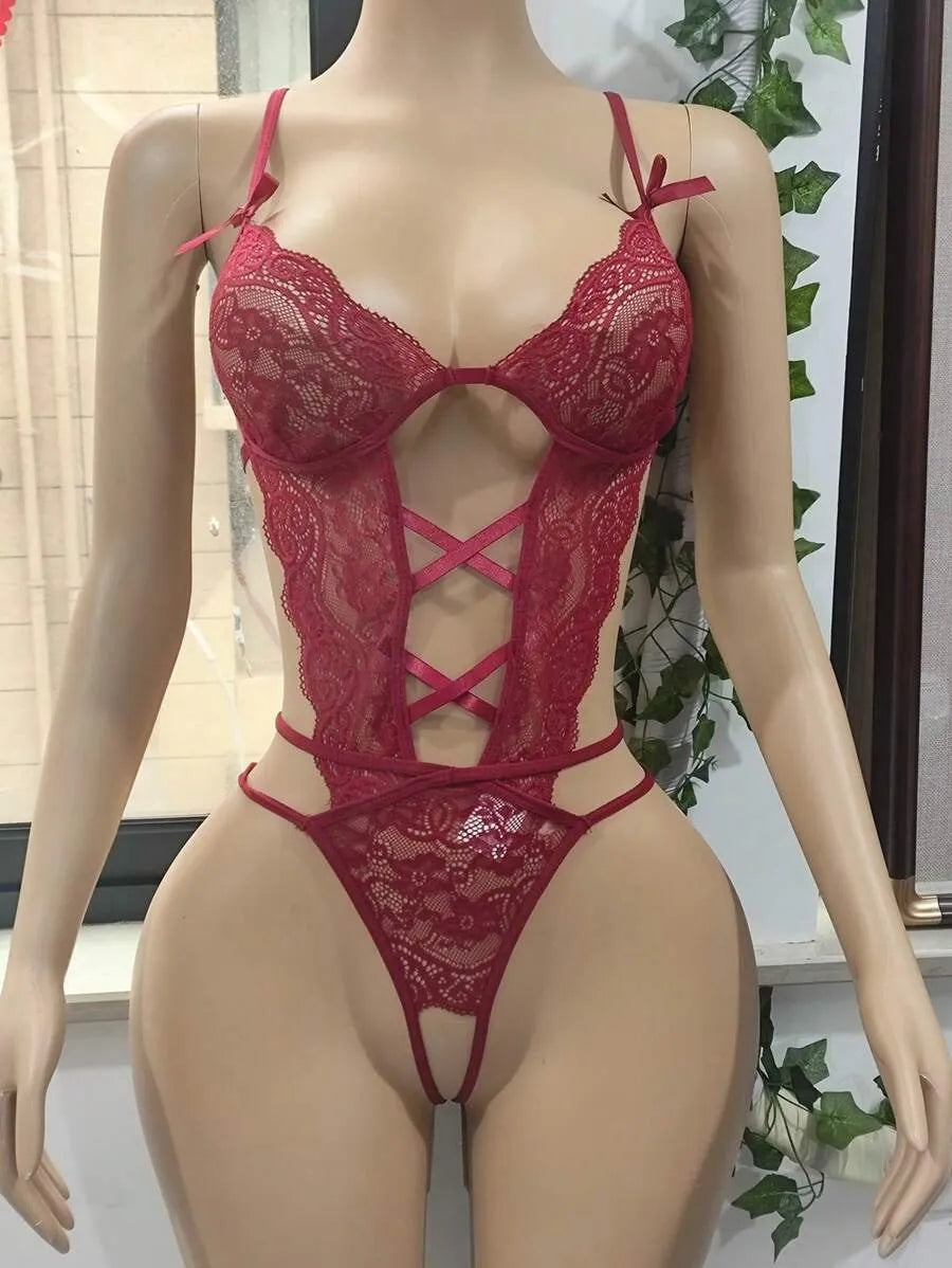 1pc Lace Sexy Hollow Jumpsuit – Women’s Sheer Suspender Lingerie, Temptation Pajamas