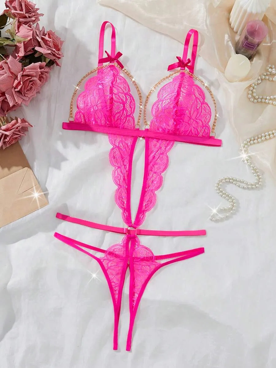 Classic Sexy Women's Lace Lingerie Bodysuit Set – Elegant One-Piece Sheer Bodysuit