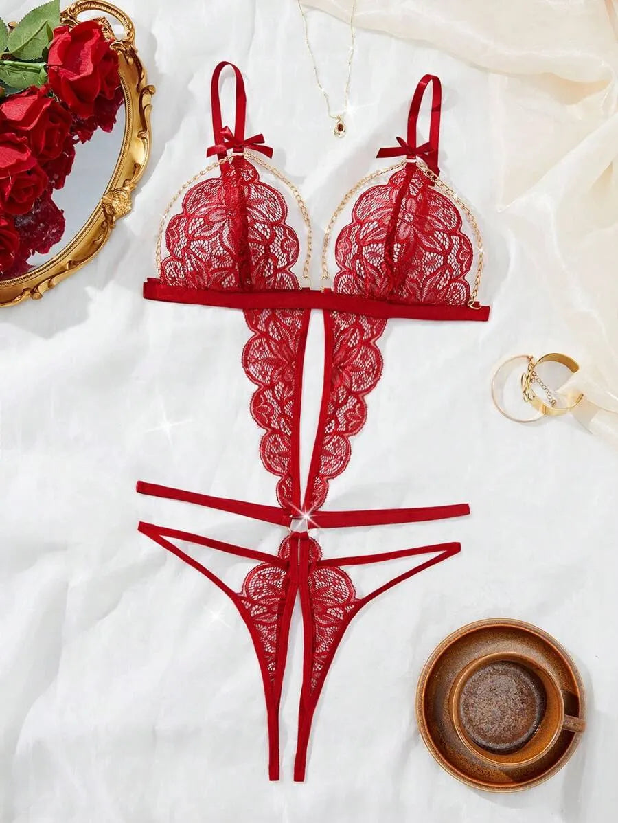 Classic Sexy Women's Lace Lingerie Bodysuit Set – Elegant One-Piece Sheer Bodysuit