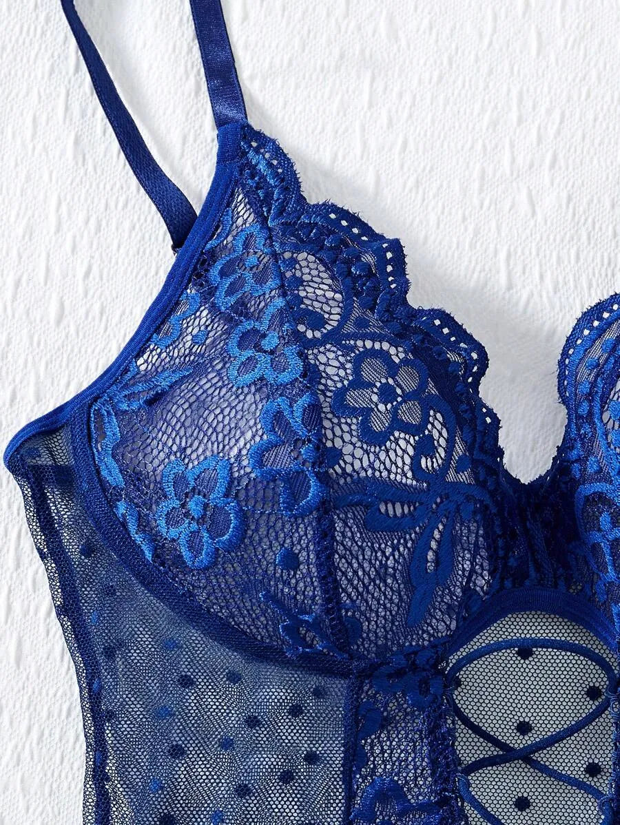 Lace Contrast Mesh Sexy One-Piece Lingerie Bodysuit – Women's Elegant & Seductive Wear