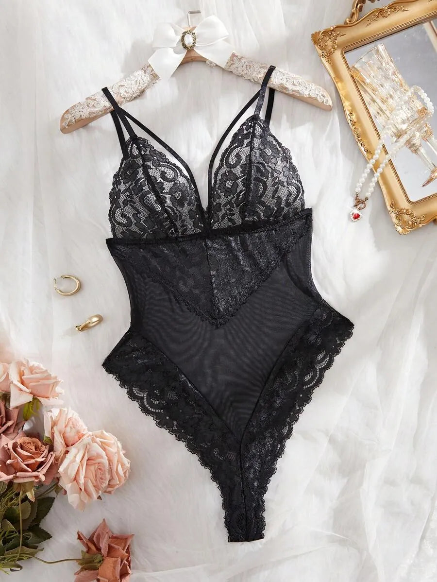Eyelash Lace Panel Teddy Bodysuit – Sexy Lingerie One-Piece Underwear