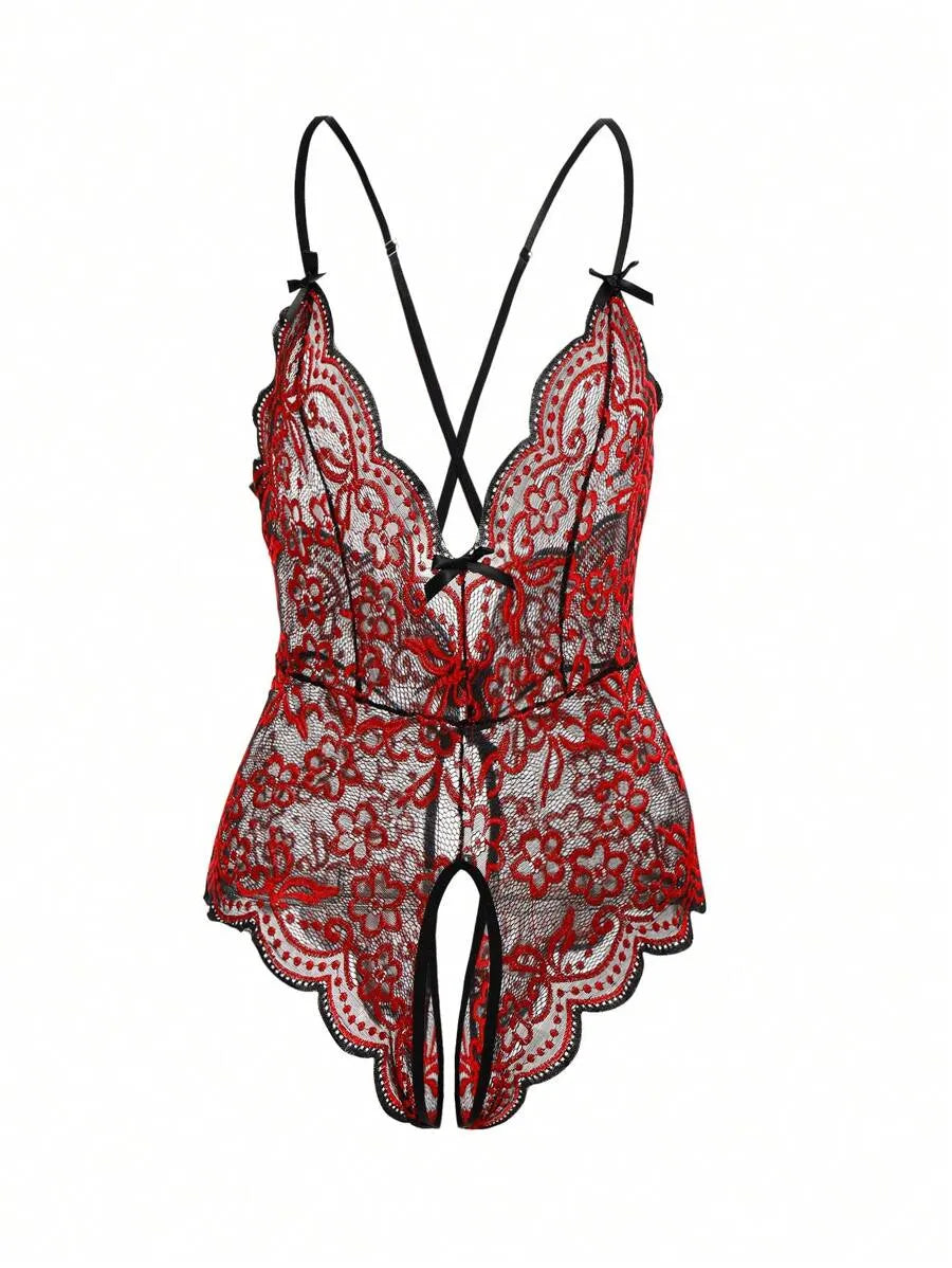 Classic Lace Contrast Bow Hollow Out Criss-Cross Backless Teddy Jumpsuit – Open Crotch Sexy Bodysuit