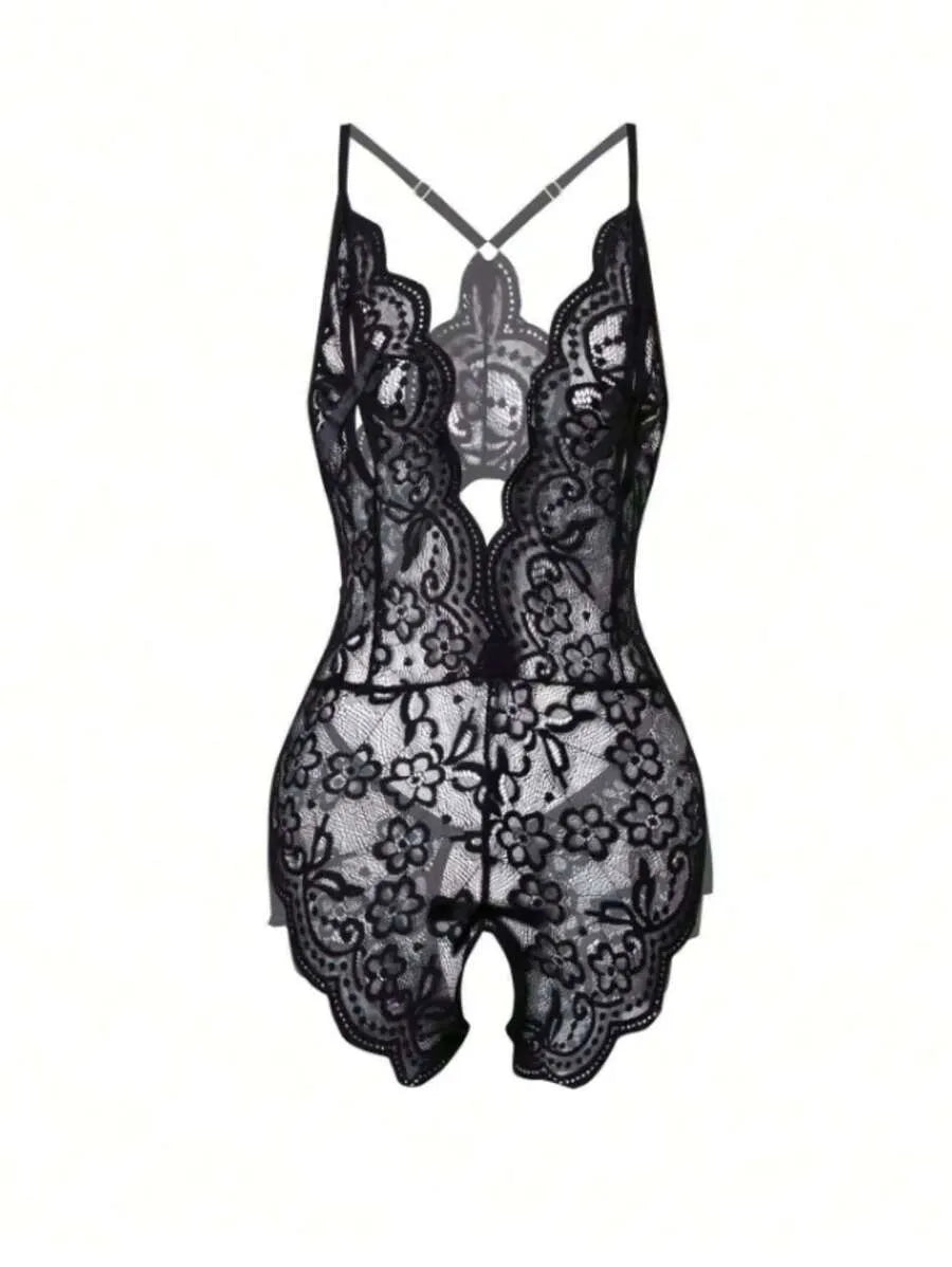 Sexy Backless Bow Lace Teddy Bodysuit – Crotchless Lingerie with Open Cup, Christmas Party Style