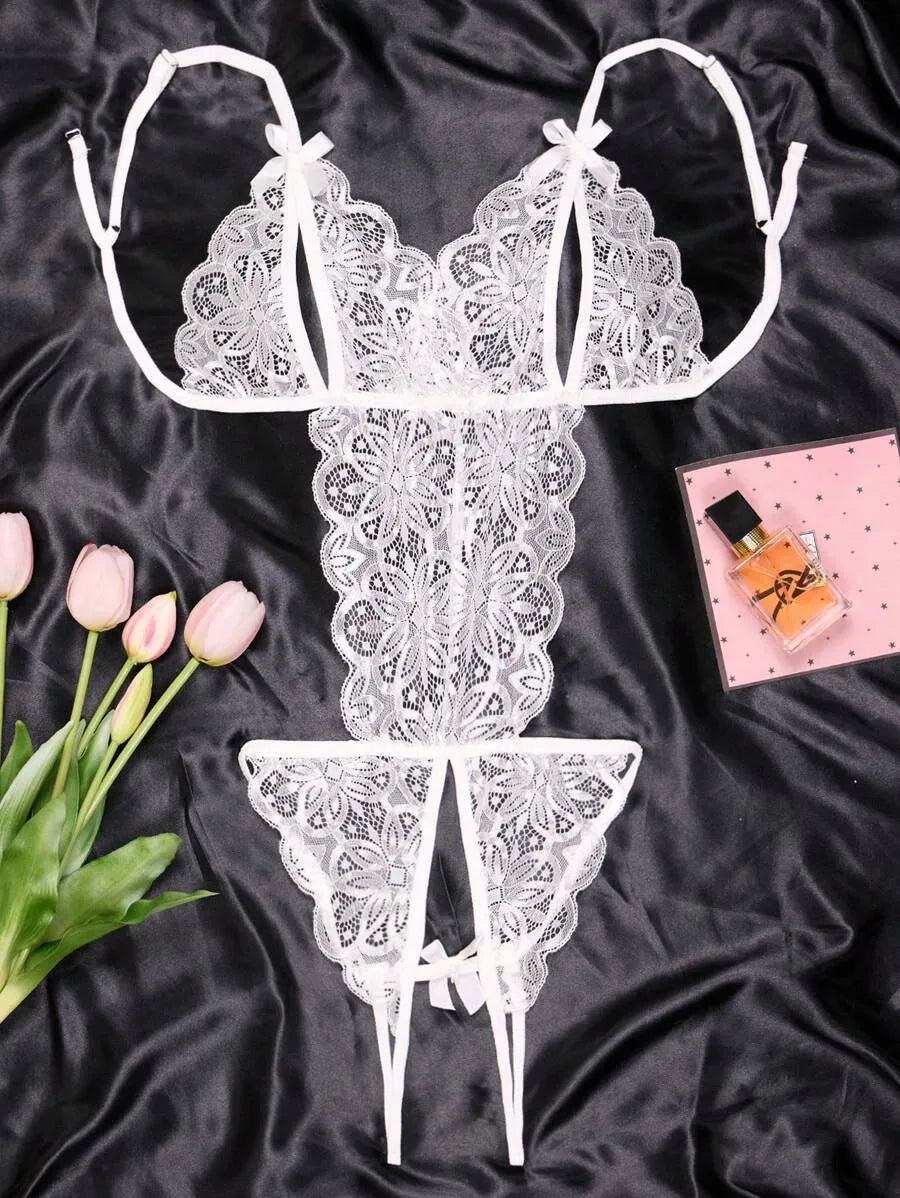 Women’s Lace Open Crotch Bodysuit – Sexy See-Through Lingerie with Breast & Body Coverage