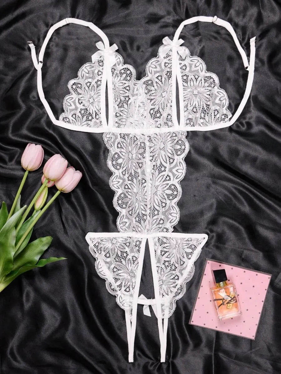 Women’s Lace Open Crotch Bodysuit – Sexy See-Through Lingerie with Breast & Body Coverage