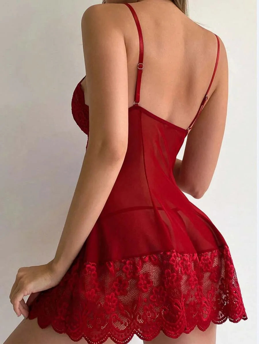 Women’s Deep V-Neck Bow Lace Dress – Backless Sheer Mesh Strap Short Skirt Sexy Lingerie Pajamas