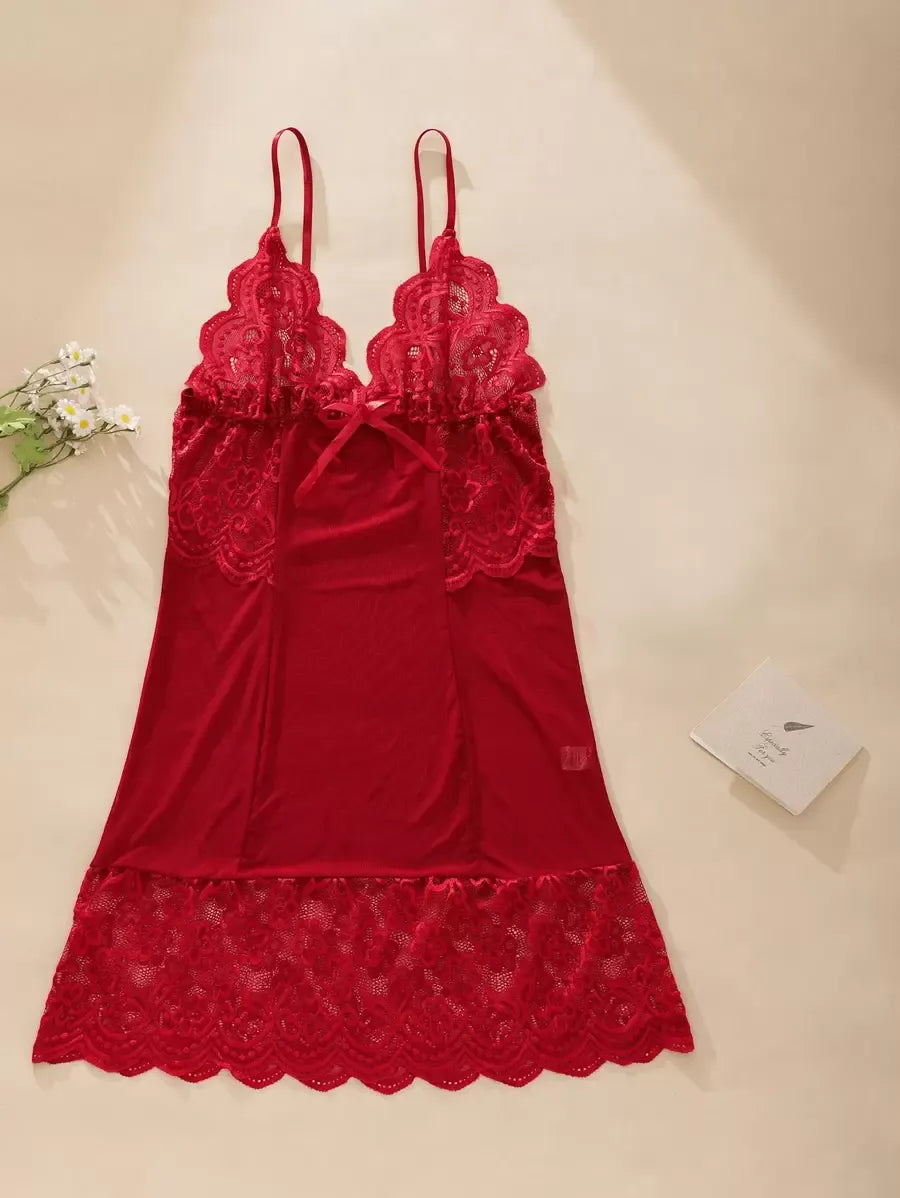 Women’s Deep V-Neck Bow Lace Dress – Backless Sheer Mesh Strap Short Skirt Sexy Lingerie Pajamas