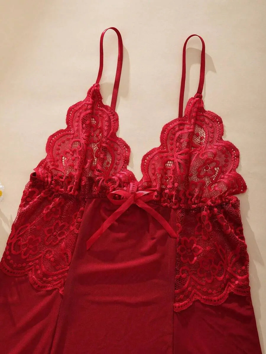 Women’s Deep V-Neck Bow Lace Dress – Backless Sheer Mesh Strap Short Skirt Sexy Lingerie Pajamas