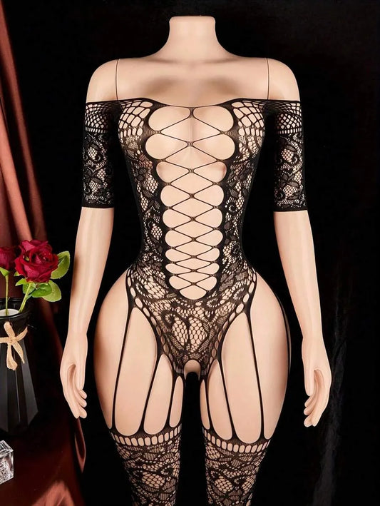 Sexy Fishnet Pajamas Jumpsuit with Jacquard Hollow Mesh – Romantic Lingerie Set for Valentine's Day