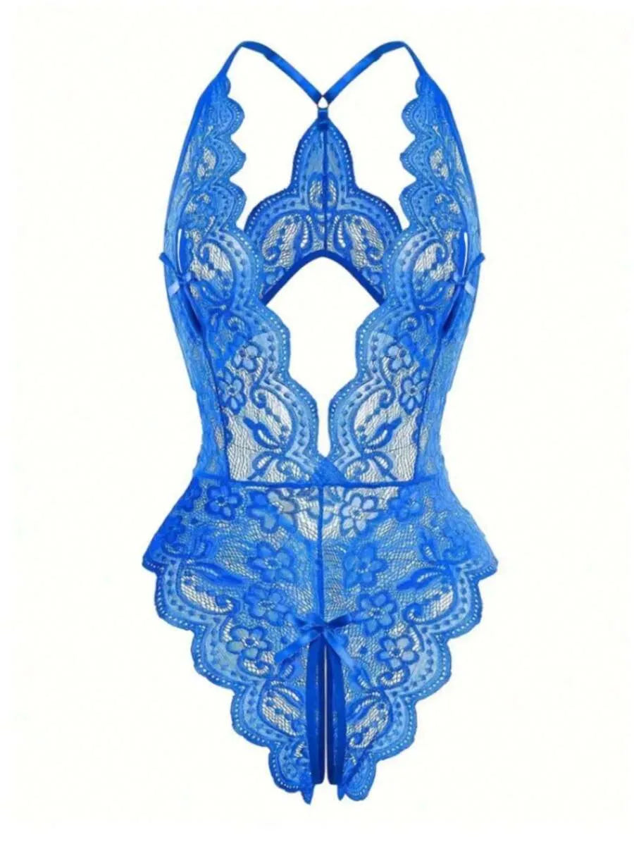 Sexy Backless Bow Lace Teddy Bodysuit – Crotchless Lingerie with Open Cup, Christmas Party Style