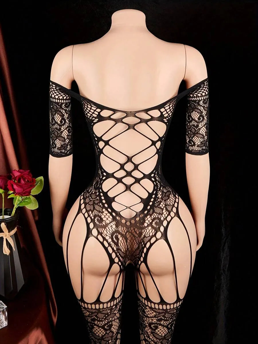 Sexy Fishnet Pajamas Jumpsuit with Jacquard Hollow Mesh – Romantic Lingerie Set for Valentine's Day