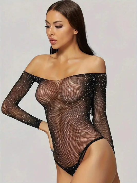 Women’s Sexy Rhinestone Embellished Mesh Bodysuit – Diamond Bikini Lingerie with Gypsophila Detail