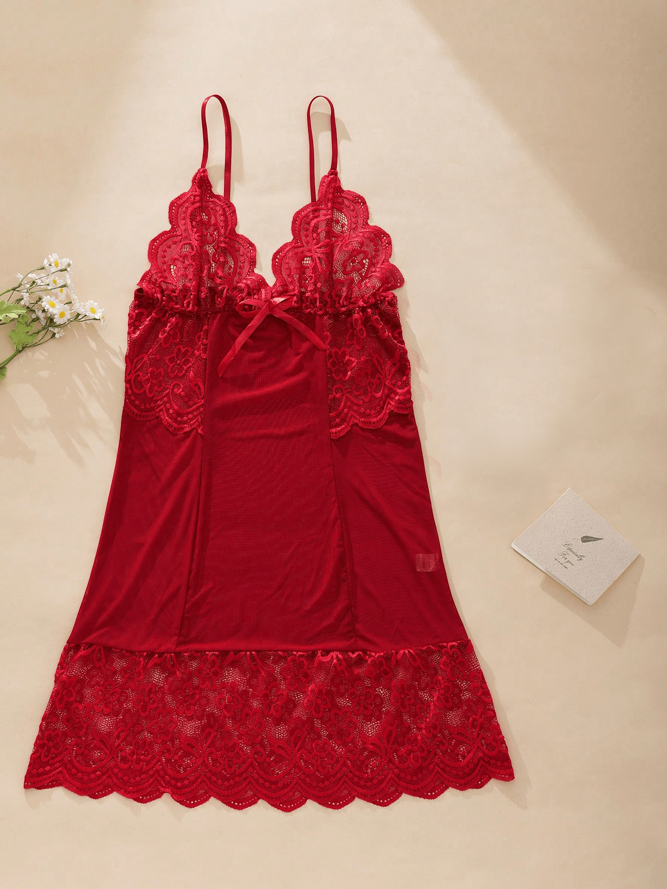 Women’s Deep V-Neck Bow Lace Dress – Backless Sheer Mesh Strap Short Skirt Sexy Lingerie Pajamas
