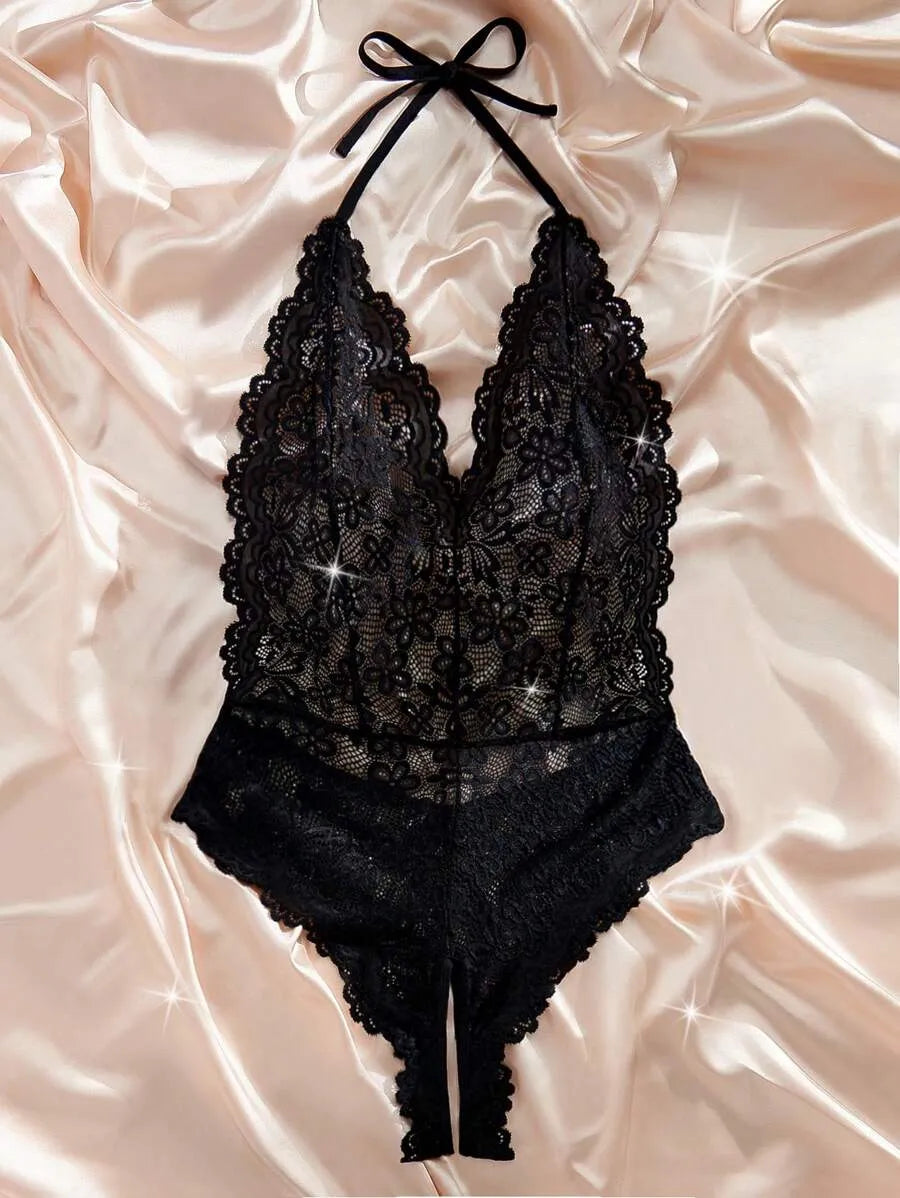 Classic Sexy Women's Lace Backless Halter Bodysuit – Elegant One-Piece Lingerie