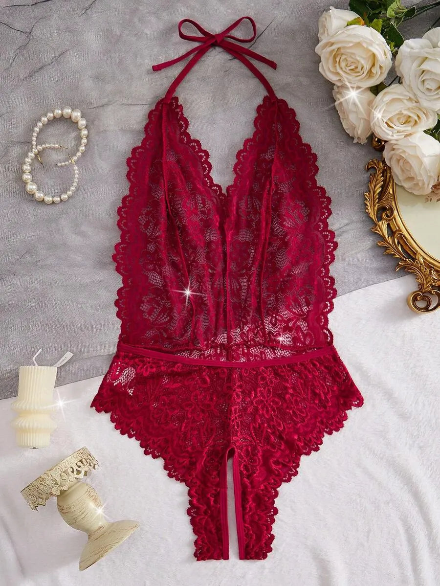 Classic Sexy Women's Lace Backless Halter Bodysuit – Elegant One-Piece Lingerie