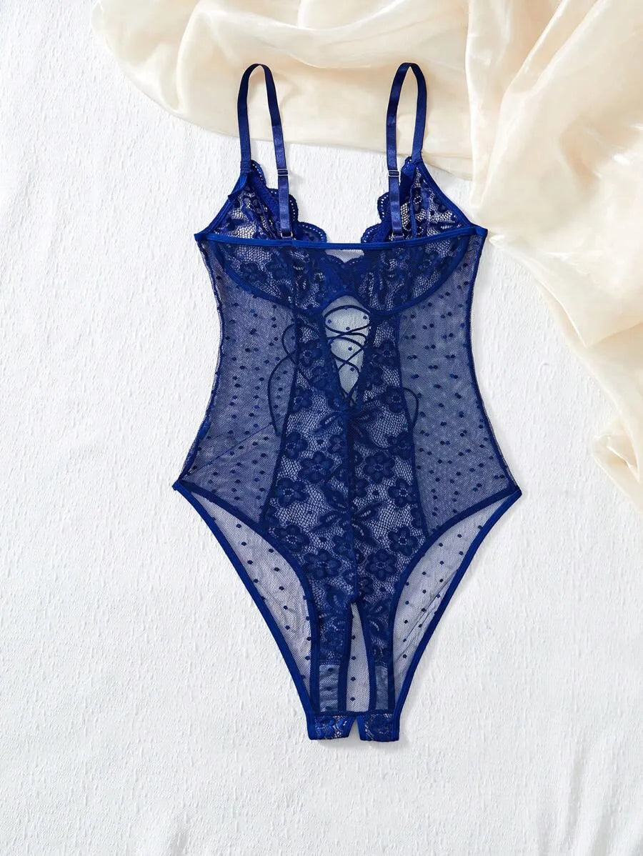 Lace Contrast Mesh Sexy One-Piece Lingerie Bodysuit – Women's Elegant & Seductive Wear