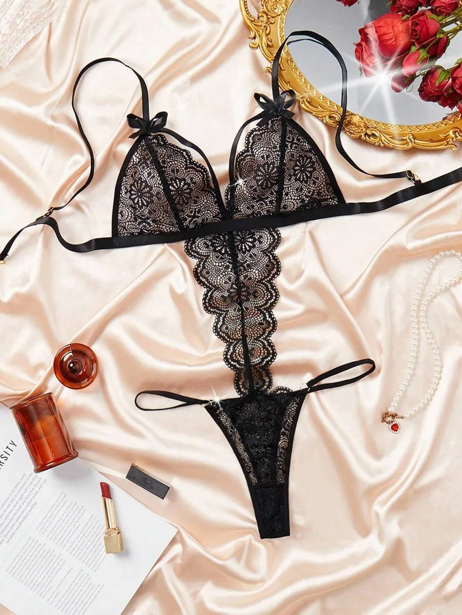 Classic Sexy Floral Lace Cut-Out Bow Front Harness Teddy Bodysuit – Elegant Lingerie with Bow Tie