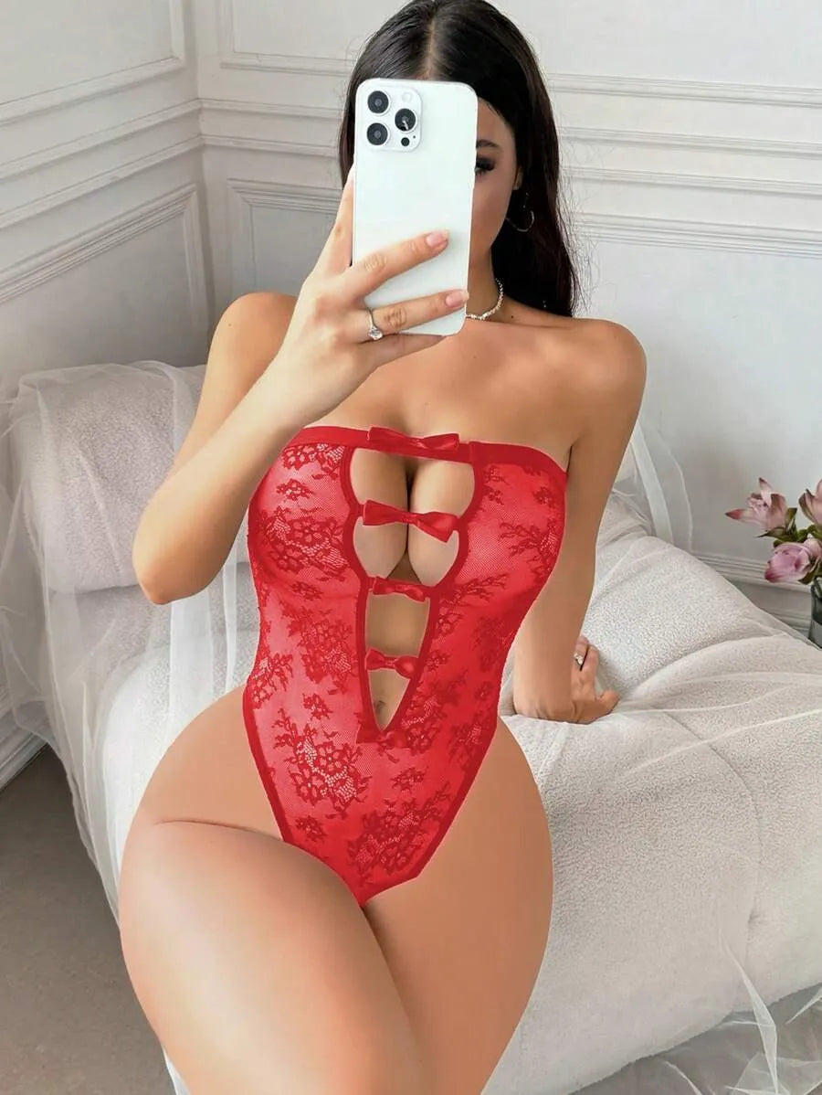 Classic Sexy Women's Bow Decor Hollow-Out Lace Jumpsuit – Elegant Bow Tie Lingerie